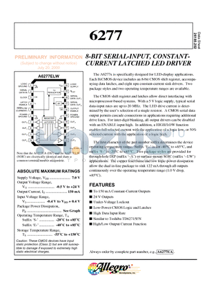 A6277 datasheet - 8-BIT SERIAL-INPUT, CONSTANTCURRENT LATCHED LED DRIVER
