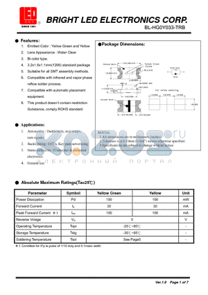 BL-HG0Y033-TRB datasheet - Yellow Green and Yellow Suitable for all SMT assembly methods.