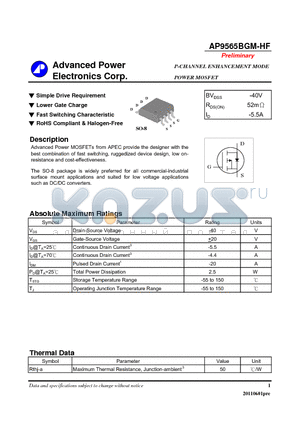 AP9565BGM-HF datasheet - N-CHANNEL ENHANCEMENT MODE POWER MOSFET