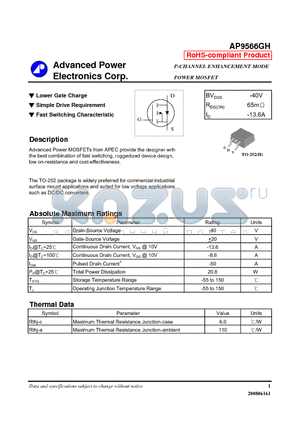 AP9566GH datasheet - P-CHANNEL ENHANCEMENT MODE POWER MOSFET