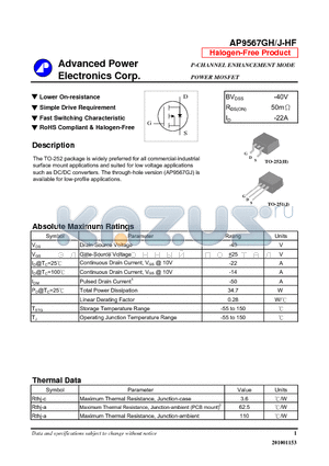 AP9567GH-HF datasheet - Lower On-resistance, Simple Drive Requirement, Fast Switching Characteristic
