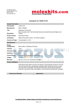 76650-0153 datasheet - Nylon Insulated .250 Tab Size Quick Disconnect,Quick Disconnect Adaptor and Coupler