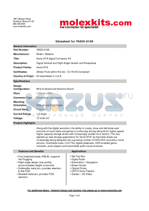 76650-0169 datasheet - Signal Vertical and Right Angle Header and Receptacle