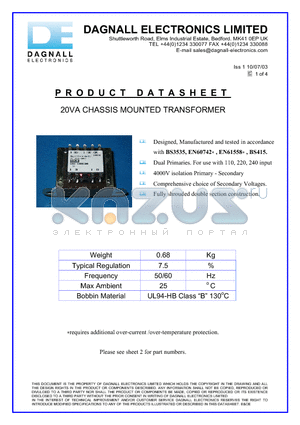 D3653 datasheet - 20VA CHASSIS MOUNTED TRANSFORMER