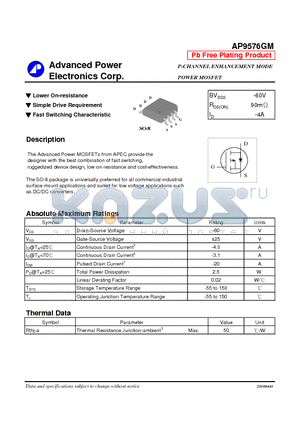 AP9576GM datasheet - P-CHANNEL ENHANCEMENT MODE POWER MOSFET