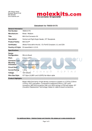 76650-0175 datasheet - Vertical and Right Angle Header, IDT Receptacle