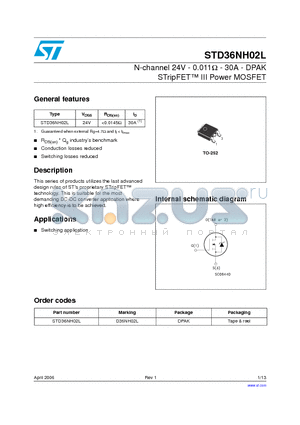 D36NH02L datasheet - N-channel 24V - 0.011ohm - 30A - DPAK STripFET III Power MOSFET