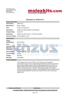 76650-0177 datasheet - Single Row Vertical Header and Receptacle