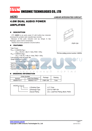 A6283-F12-T datasheet - 4.6W DUAL AUDIO POWER AMPLIFIER
