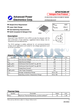 AP9579GM-HF datasheet - N-CHANNEL ENHANCEMENT MODE POWER MOSFET