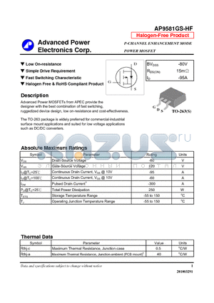 AP9581GS-HF datasheet - N-CHANNEL ENHANCEMENT MODE POWER MOSFET