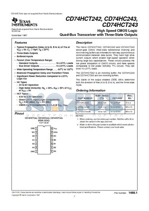 CD74HC243E datasheet - High Speed CMOS Logic Quad-Bus Transceiver with Three-State Outputs