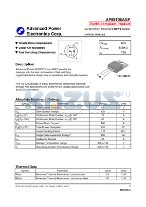 AP95T06AGP datasheet - Simple Drive Requirement, Lower On-resistance
