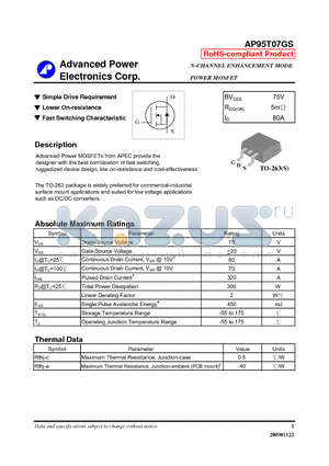 AP95T07GS datasheet - N-CHANNEL ENHANCEMENT MODE POWER MOSFET