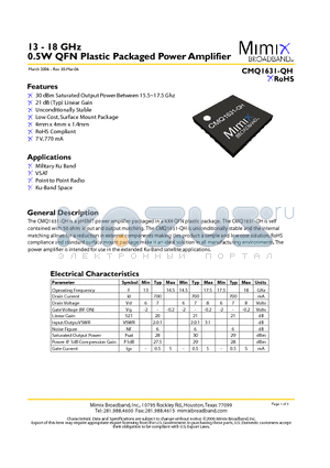 CMQ1631-QH datasheet - 13 - 18 GHz 0.5W QFN Plastic Packaged Power Amplifier