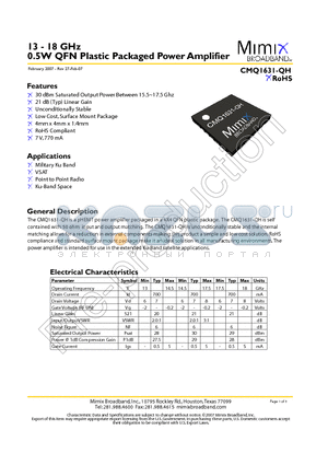 CMQ1631-QH datasheet - 13 - 18 GHz 0.5W QFN Plastic Packaged Power Amplifier
