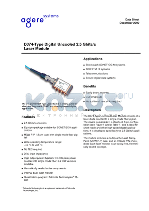 D374-10A datasheet - D374-Type Digital Uncooled 2.5 Gbits/s Laser Module