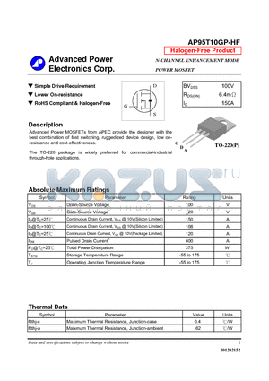 AP95T10GP-HF datasheet - N-CHANNEL ENHANCEMENT MODE POWER MOSFET