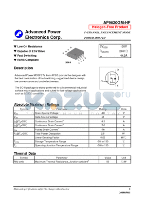 AP9620GM-HF datasheet - Low On Resistance, Capable of 2.5V Drive