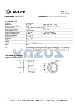 CMR-2747PB-A datasheet - electret condenser microphone