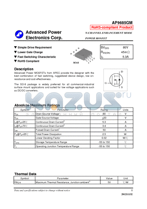 AP9685GM datasheet - Simple Drive Requirement, Lower Gate Charge