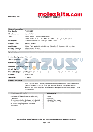 76650-0228 datasheet - M12 Field-Attachable 4 Pole Male Mount Receptacle,Straight Male and Female Connector and 5m Single-Ended Cable