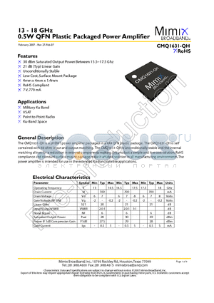 CMQ1631-QH-0G0T datasheet - 13 - 18 GHz 0.5W QFN Plastic Packaged Power Amplifier