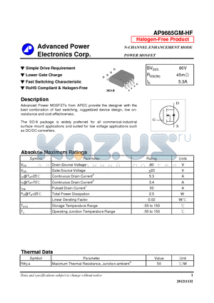 AP9685GM-HF datasheet - N-CHANNEL ENHANCEMENT MODE POWER MOSFET