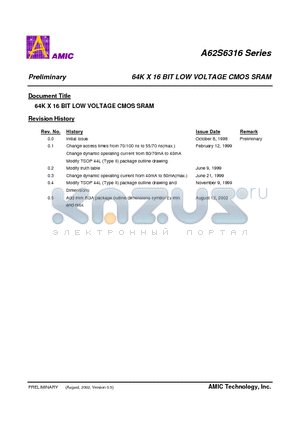 A62S6316V-55S datasheet - 64K X 16 BIT LOW VOLTAGE CMOS SRAM