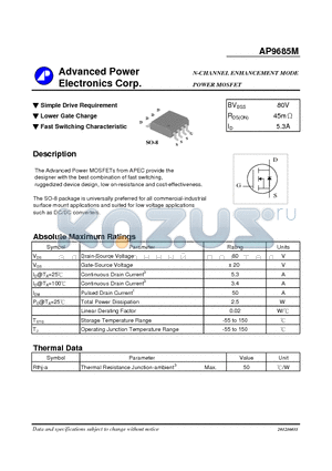 AP9685M datasheet - N-CHANNEL ENHANCEMENT MODE POWER MOSFET