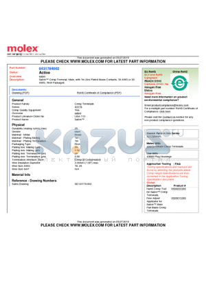 43178-4002 datasheet - Sabre Crimp Terminal, Male, with Tin (Sn) Plated Brass Contacts, 18 AWG or 20 AWG, Reel Packaged