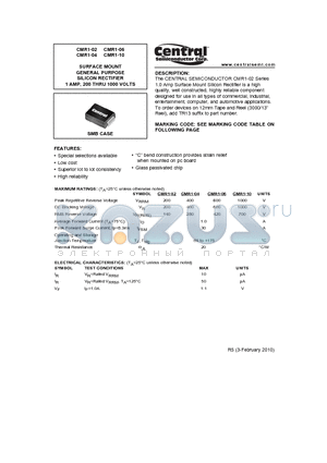 CMR1-02 datasheet - SURFACE MOUNT GENERAL PURPOSE SILICON RECTIFIER 1 AMP, 200 THRU 1000 VOLTS