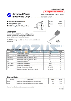 AP9770GT-HF datasheet - N-CHANNEL ENHANCEMENT MODE POWER MOSFET