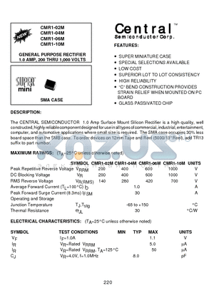 CMR1-02M datasheet - GENERAL PURPOSE RECTIFIER 1.0 AMP, 200 THRU 1,000 VOLTS