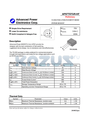 AP97T07GR-HF datasheet - N-CHANNEL ENHANCEMENT MODE POWER MOSFET