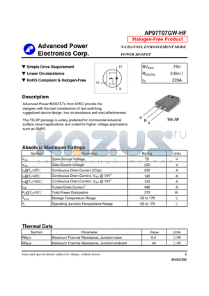 AP97T07GW-HF datasheet - N-CHANNEL ENHANCEMENT MODE POWER MOSFET