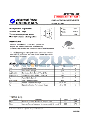 AP9870GH-HF datasheet - N-CHANNEL ENHANCEMENT MODE POWER MOSFET