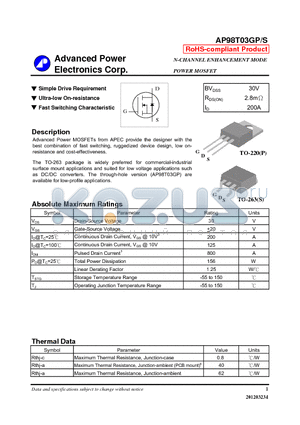 AP98T03GPS datasheet - Simple Drive Requirement, Ultra-low On-resistance