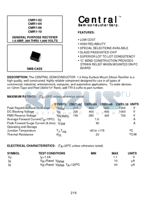 CMR1-06 datasheet - GENERAL PURPOSE RECTIFIER 1.0 AMP, 200 THRU 1,000 VOLTS