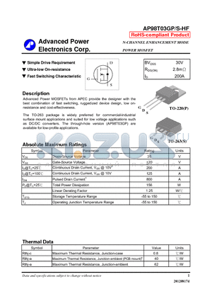 AP98T03GPS-HF datasheet - Simple Drive Requirement, Ultra-low On-resistance