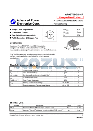 AP98T06GS-HF datasheet - Simple Drive Requirement, Lower Gate Charge, Fast Switching Characteristic