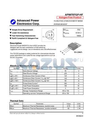 AP98T07GP-HF datasheet - N-CHANNEL ENHANCEMENT MODE POWER MOSFET