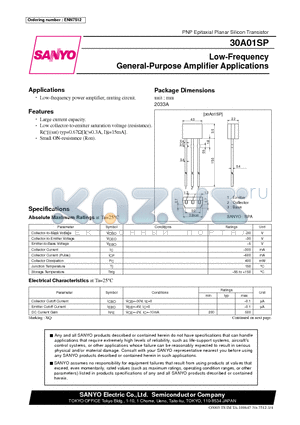 30A01SP datasheet - Low-Frequency General-Purpose Amplifier Applications