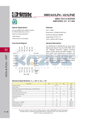 431LP4E datasheet - MMIC VCO w/ BUFFER AMPLIFIER, 5.5 - 6.1 GHz