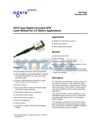 D372 datasheet - D372-Type Digital Uncooled DFB Laser Module for 2.5 Gbits/s Applications