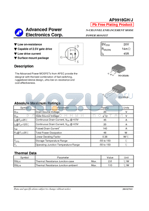 AP9918GJ datasheet - Low on-resistance, Capable of 2.5V gate drive