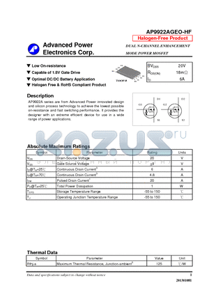 AP9922AGEO-HF datasheet - Capable of 1.8V Gate Drive, Optimal DC/DC Battery Application