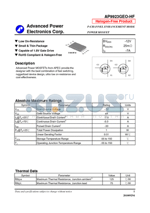 AP9923GEO-HF datasheet - Small & Thin Package, Capable of 1.8V Gate Drive