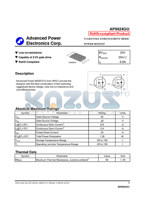 AP9924GO datasheet - Low on-resistance, Capable of 2.5V gate drive