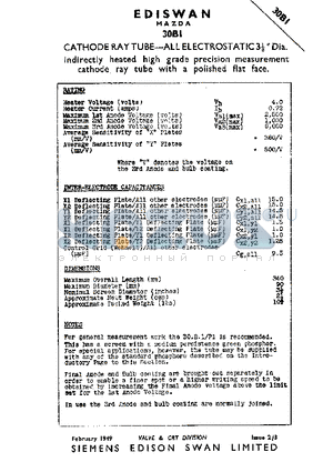 30B1 datasheet - CATHODE RAY TUBE-ALL ELECTROSTATIC3m